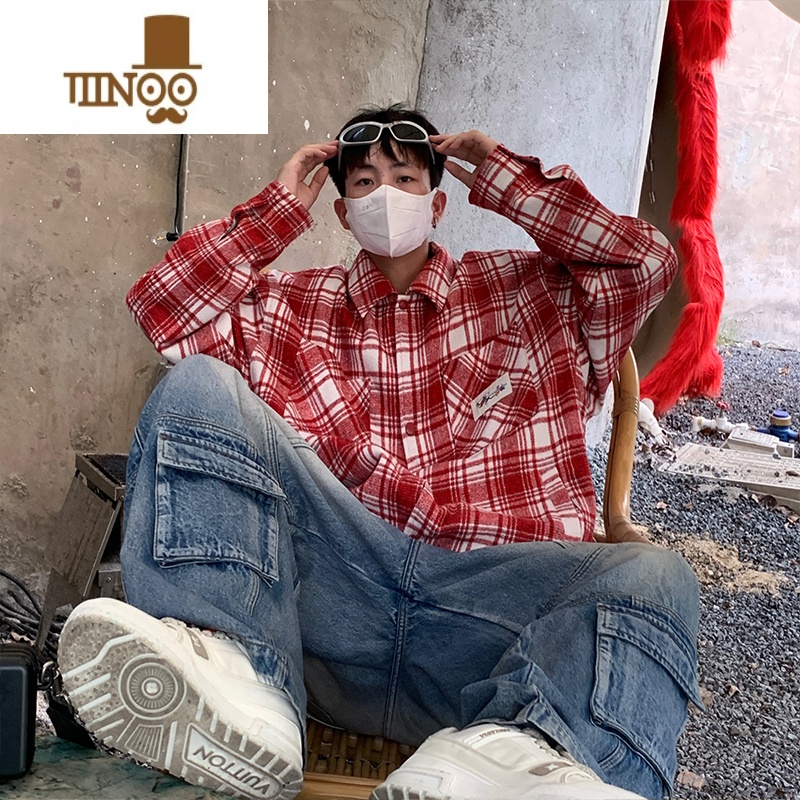 YANXU港风新款日系复古宽松休闲男女格子衬衫高街头情侣水洗上衣外套