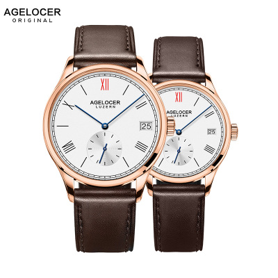 Agelocer艾戈勒情侣表机械表男女真皮时尚简约情侣表国潮日历背透手表LuzernA11011201