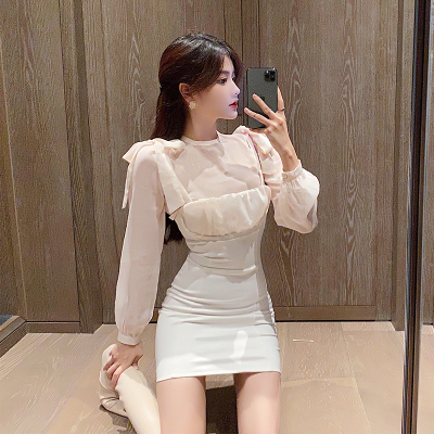 广赫叠穿两件套女连衣裙收腰显瘦气质性感抹胸吊带裙子秋冬雪纺打底衫套装