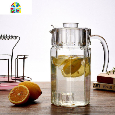 玻璃水壶耐热家用现代凉水杯大容量果汁饮料壶加厚套装创意ins风 FENGHOU 兰色条纹壶1.1L(兰盖)+垫凉水壶