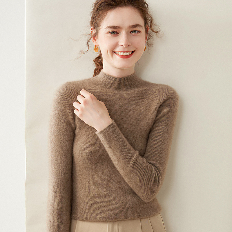 新款抽条半高领羊绒衫女纯色山羊绒修身显瘦毛衣女针织百搭打底衫