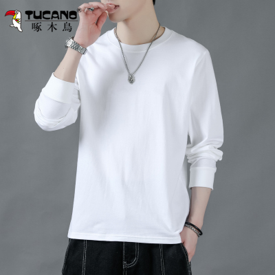 啄木鸟白色长袖t恤男纯棉秋季25新款宽松圆领休闲百搭打底衫卫衣