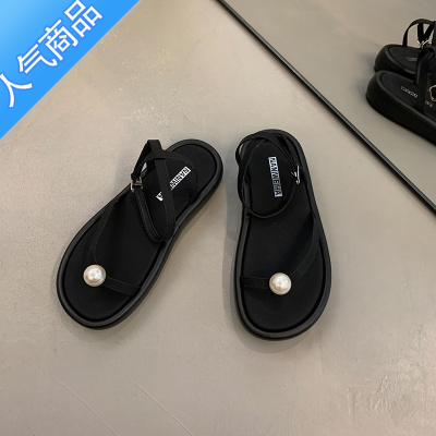 SUNTEK配裙子时尚法式凉鞋女2023夏季新款设计感小众珍珠夹趾时装罗马鞋