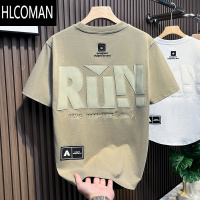 HLCOMAN2024新款潮牌刺绣大字母短袖男士美式落肩修身百搭ins潮流半袖t恤