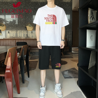 富贵鸟（FUGUINIAO）2021青少年男士短袖t恤套装宽松休闲运动短裤港风ins潮流青年套装