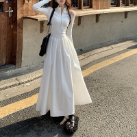 赫本风长袖Polo领连衣裙女春秋季新款设计感黑色修身a字长裙子潮