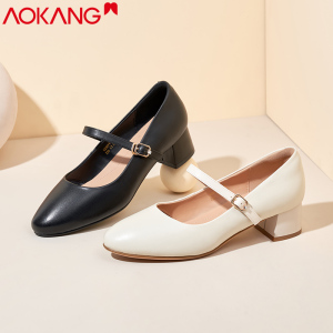 奥康女鞋春季百搭浅口工作皮鞋一字扣玛丽珍鞋舒适粗跟单鞋