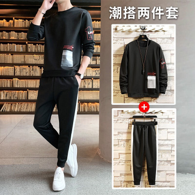 梵克公牛套装男2021春季韩版修身圆领长袖卫衣男搭配裤子两件套流时尚男士