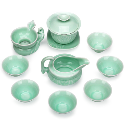 常生源功夫茶具套装陶瓷茶具浮雕盖碗茶杯公道杯茶漏整套一品荷香套组