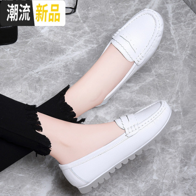 护士鞋软底平底单鞋2020春款中跟小皮鞋百搭真皮松糕休闲豆豆白鞋广赫