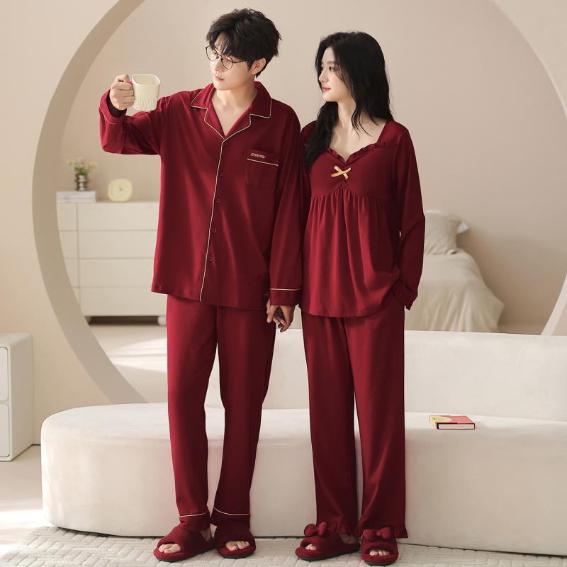 情侣睡衣春秋冬季棉质本命年喜庆结婚红色一男士一女士家居服套装