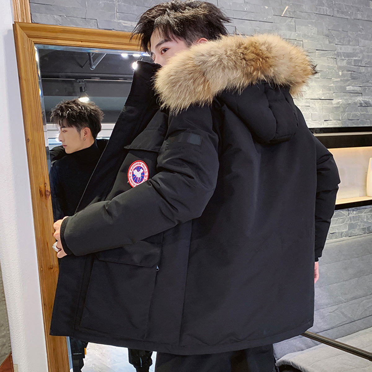 new lake棉衣男士毛领加厚大红色羽绒棉服韩版潮流帅棉袄本命年外套