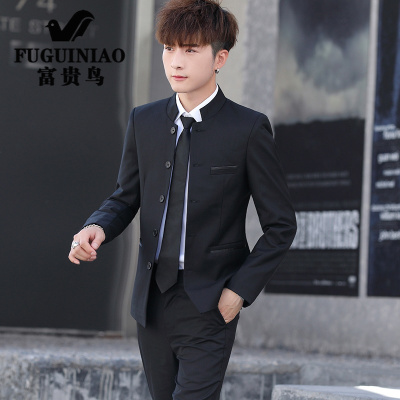 富贵鸟中山装青年西装男套装韩版修身一套潮流休闲外套学生帅气立领西服