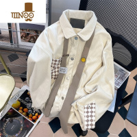 YANXU日系cityboy灯芯绒格子拼接衬衫男女秋季宽松复古学院风领带上衣