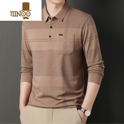 YANXU秋季长袖t恤男真口袋上衣中年爸爸装翻领男士休闲打底polo衫