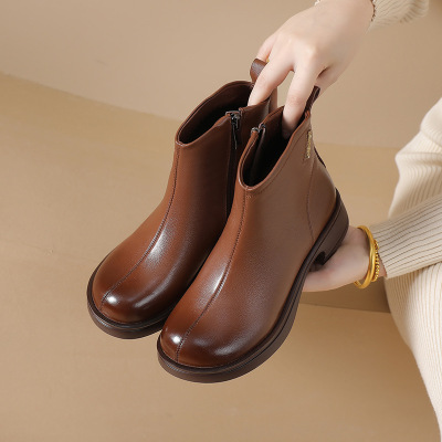 秋冬款加绒复古方头真皮短靴粗跟拉链骑士靴舒适大码牛皮棉靴