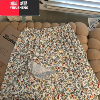 YIBUSHENG网红薄款居家休闲裤女韩版2024新款外穿高腰印花阔腿长裤睡裤
