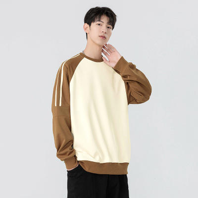 卫衣男春秋季新款潮牌拼色男士圆领卫衣宽松落肩条纹百搭上衣