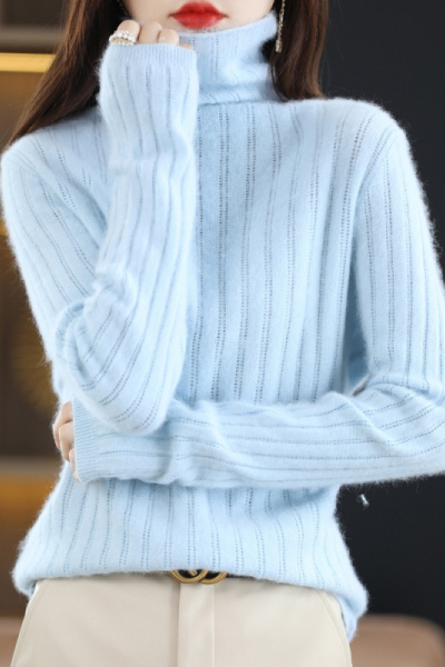 秋冬女款高领貂绒毛衣打底衫大码修身坑条套头纯色百搭打底衫