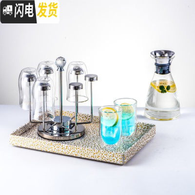 三维工匠家用冷水壶耐热防爆玻璃杯子套装凉水杯水具北欧创意茶具 菲拉斯+6渴望杯+方盘金色+旋转杯架