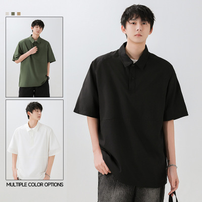 日系户外男装夏季宽松潮牌短袖polo衫垂感冰丝T恤休闲百搭纯色T恤