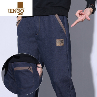 YANXU秋季休闲裤男士中国风刺绣修身裤子男2023新款百搭宽松牛仔裤潮流