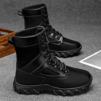 秋冬新款男士黑色中帮靴潮流复古系带男靴防滑耐磨户外作战靴