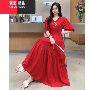 YIBUSHENG季新款棉绸新中式国风盘扣复古连衣裙长裙气质收腰显瘦梨形身材