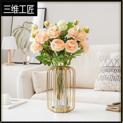 北欧客厅插花花瓶摆件电视柜玄关餐桌现代美式轻奢网红干花装饰品三维工匠小号（不可装水）+10头牡丹花+1支蒲公英