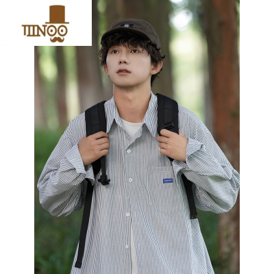 YANXU日系条纹长袖衬衫男士新款青少年潮牌复古宽松学生衬衣外套