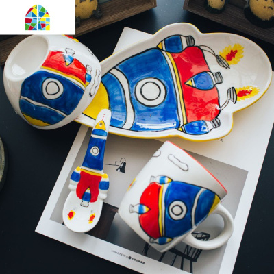 热卖日式景德镇创意陶瓷餐具可爱个性儿童碗家用套装碗碟米饭碗盘 FENGHOU 巴士碗+盘子+杯子+兔勺子