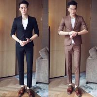 秋男士英伦风西服两件套韩式修身潮男韩版休闲七分袖西装套装西裤黑色七分袖西装+西裤L配裤子30-31