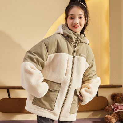 [3件8.5折237.2元,叠加优惠券]唐狮冬季新款连帽仿羊羔毛拼接女羽绒服工装风保暖羽绒款外套