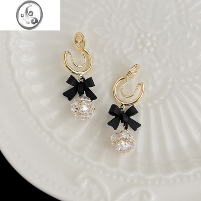 JiMi黑色蝴蝶结蚊香盘耳夹无耳洞小众设计感高级轻奢气质名媛耳环耳饰