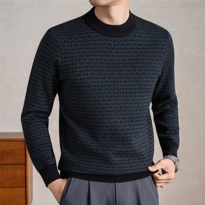老钱风470克精仿男士羊毛衫冬季新款加厚保暖格子提花长袖毛衣男