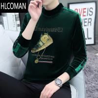 HLCOMAN金丝绒卫衣男半高领绿色鞋子烫金刺绣T恤理发师时尚潮打底衫