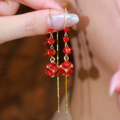 超闪红色钻球流苏耳线设计感网红百搭锆石耳环气质显脸瘦新年耳饰送女朋友老婆情人节七夕生日礼物