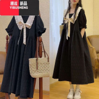 YIBUSHENG气泡水2024年韩版新款季宽松显瘦泡泡纹系带娃娃领短袖连衣裙