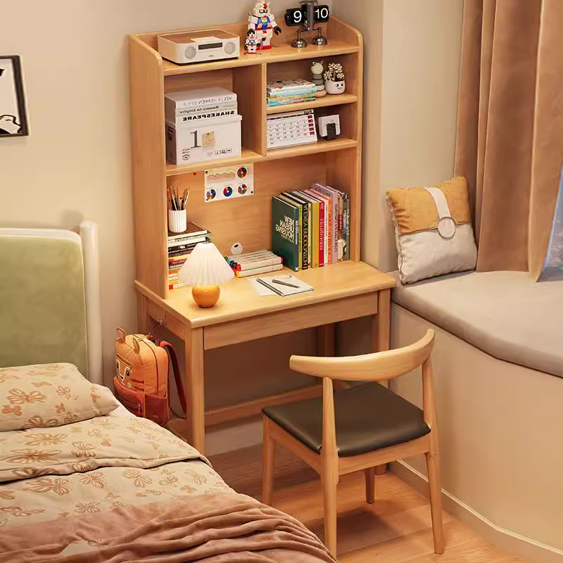 实木书桌卧室电脑桌书架一体家用小户型台式床边桌学生写字桌子