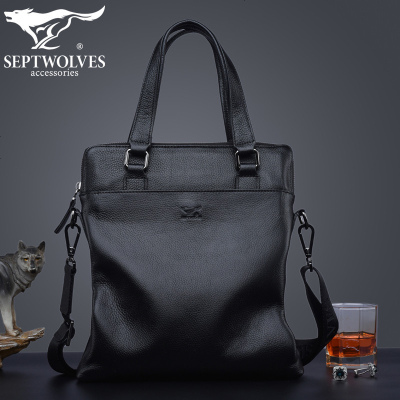 七匹狼男士手提包真皮竖款男包包商务头层牛皮单肩斜挎包休闲公文包纯皮软皮潮流包黑色