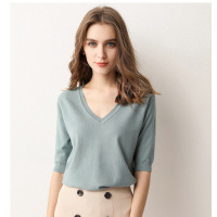 欧美女士V领套头针织短袖