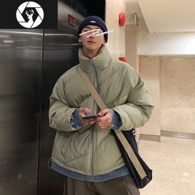 HongZun秋冬棉衣男潮流宽松拼接假两件斜纹棉服百搭休闲纯色帅气立领外套棉衣