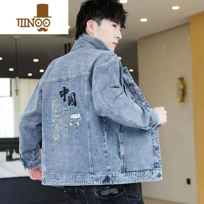 YANXU美式复古牛仔外套男秋季潮牌宽松工装夹克休闲百搭刺绣褂衣服