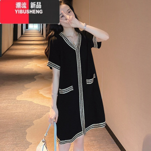 YIBUSHENG雪纺连衣裙季2024新款女胖mm大码显瘦宽松V领减龄遮肚子小黑裙T
