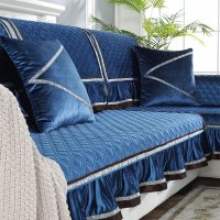 家柏饰(CORATED)毛绒沙发垫四季通用皮沙发防滑坐垫子简约现代时尚沙发套罩 暖熙-蓝色 70*180cm+花边