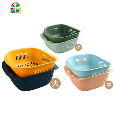 家用双层塑料创意镂空洗菜盆洗菜篮厨房洗水果菜篮子水果盘 FENGHOU [三件套]粉色(6个)