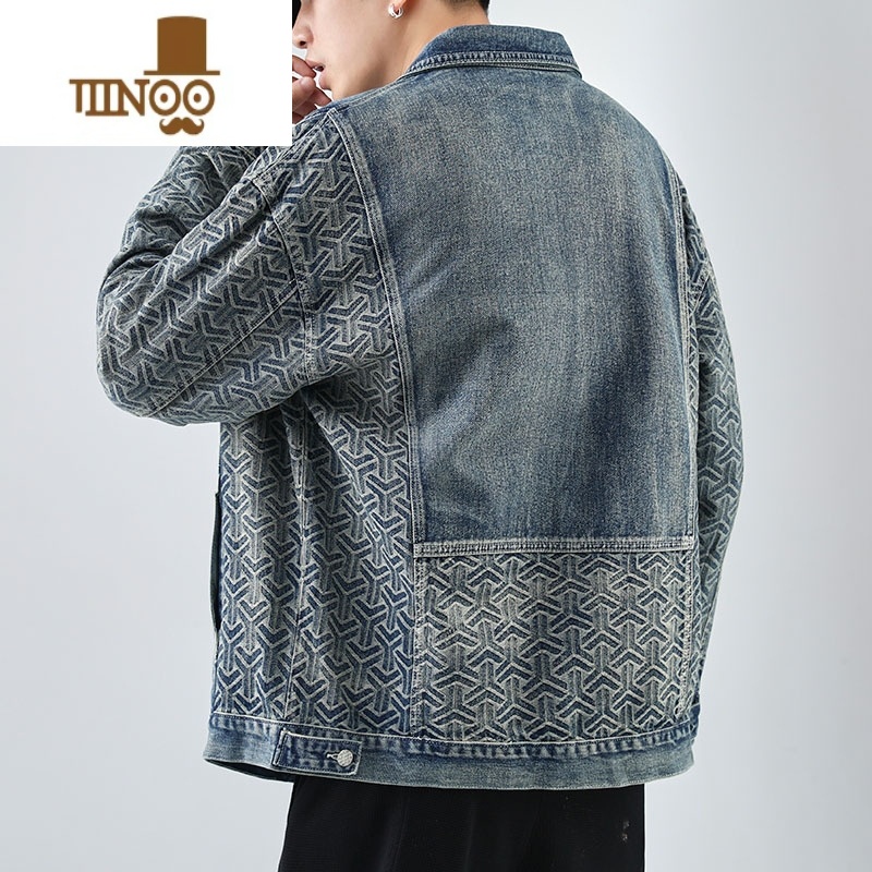 YANXU日系拼接夹克男个性复古潮流百搭帅气感痞帅牛仔上衣外套