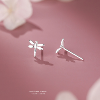 冷淡风森系蜻蜓耳钉女s999纯银小众设计小清新足银昆虫耳饰代发送女朋友老婆情人节七夕生日礼物