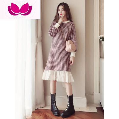 七斓毛呢连衣裙女2019秋冬新款韩版中长款过膝气质网纱拼接裙子