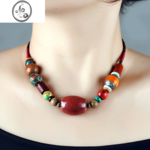 JiMi民族风原创藏族项链复古陶瓷珠百搭锁骨女士彩石颈链藏式吊坠蜜蜡 标准尺寸50cm可自行调节